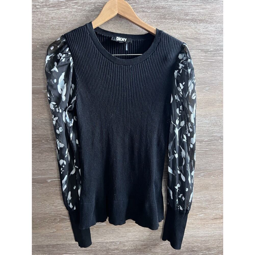 DKNY Women's Black White Striped Sheer Sleeve Sweater sz L Work Elegant